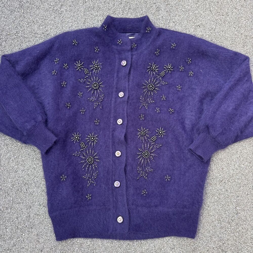 BELLDINI Purple Angora Blend Beaded Cardigan Sweater Soft Lambswool Vintage Lg
